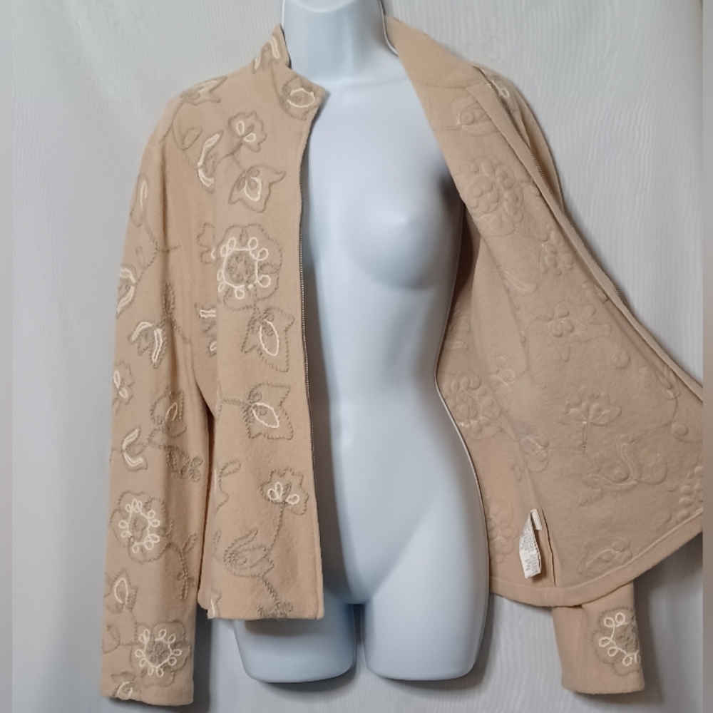 JONES NEW YORK Cream Floral Merino Wool Zipper Front Swearter. L - Picture 5 of 13